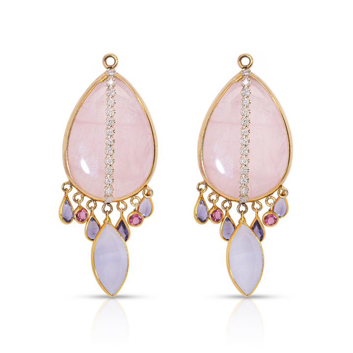 14K Gold Rose Quartz, Chalcedony, Iolite and Diamonds Dangling Earring Pendants