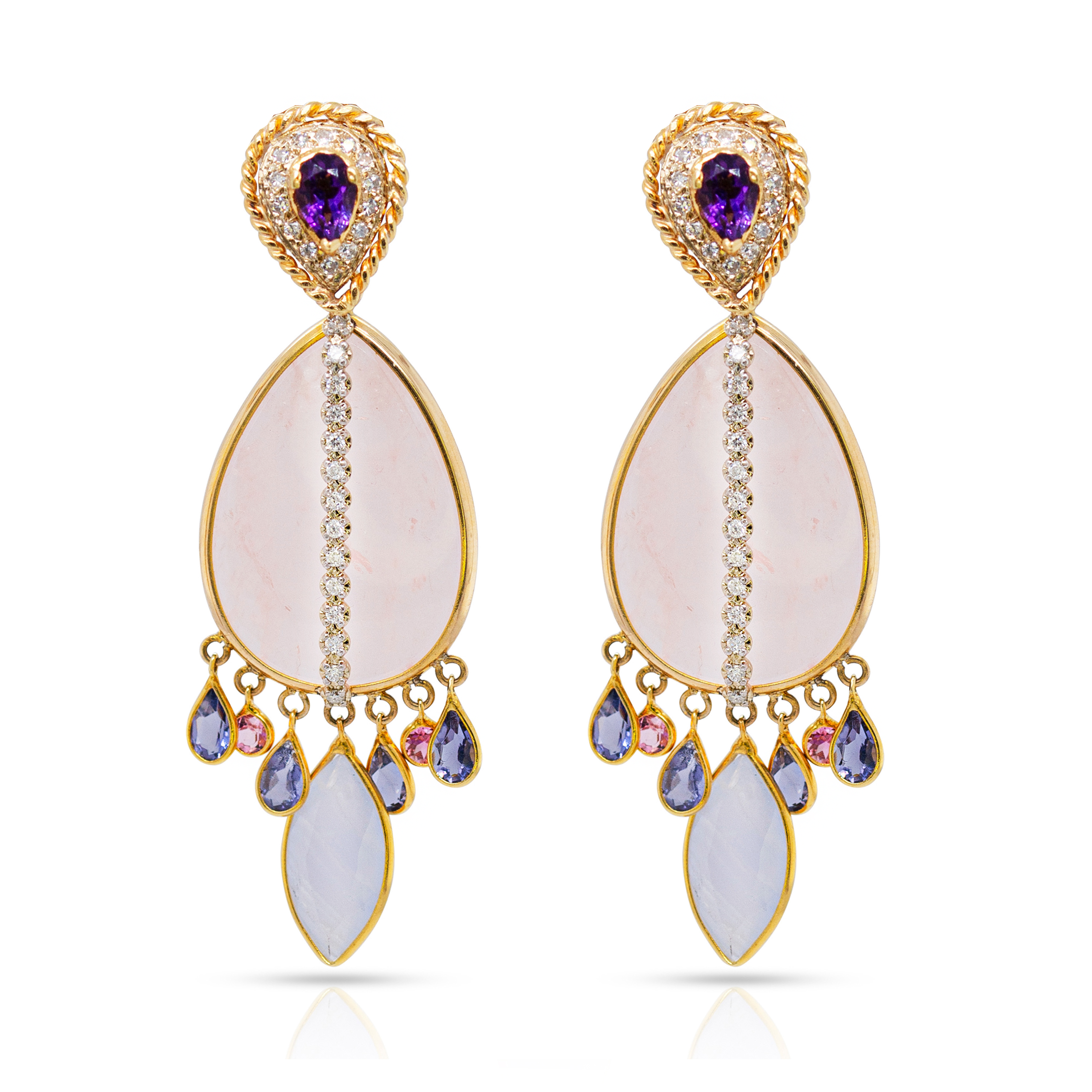 14K Gold Rose Quartz, Chalcedony, Iolite and Diamonds Dangling Earring Pendants