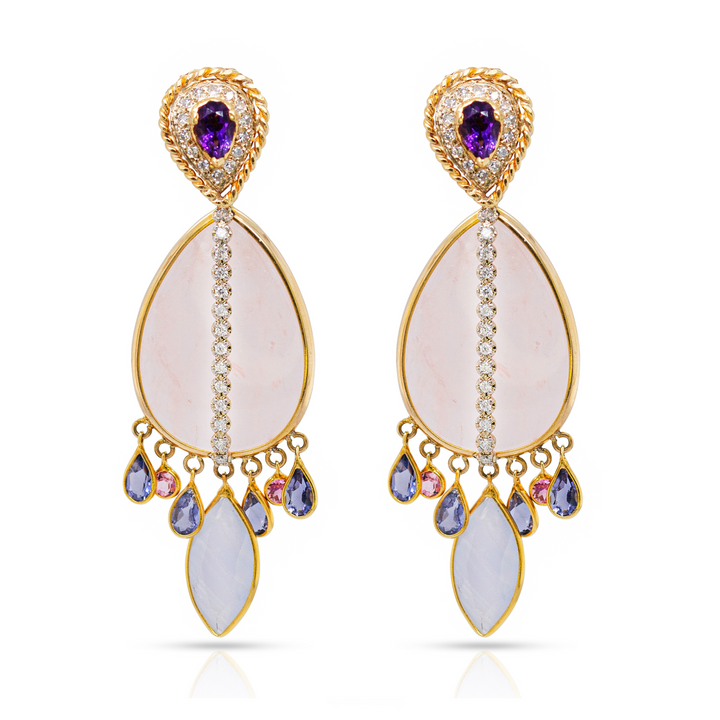 14K Gold Rose Quartz, Chalcedony, Iolite and Diamonds Dangling Earring Pendants