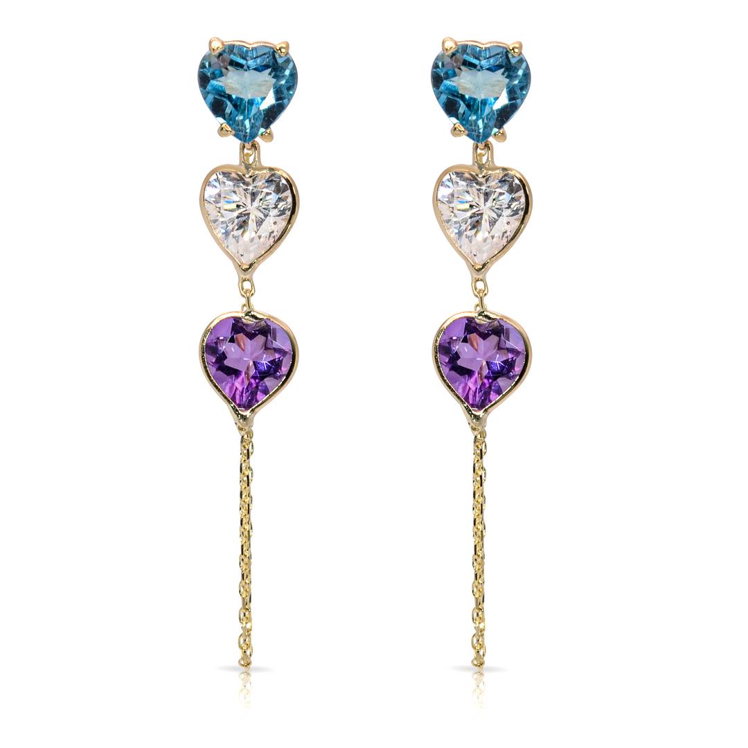 14K Yellow Gold Triple Heart-Shaped Blue Topaz, White And Amethyst Gemstones Chain Studs