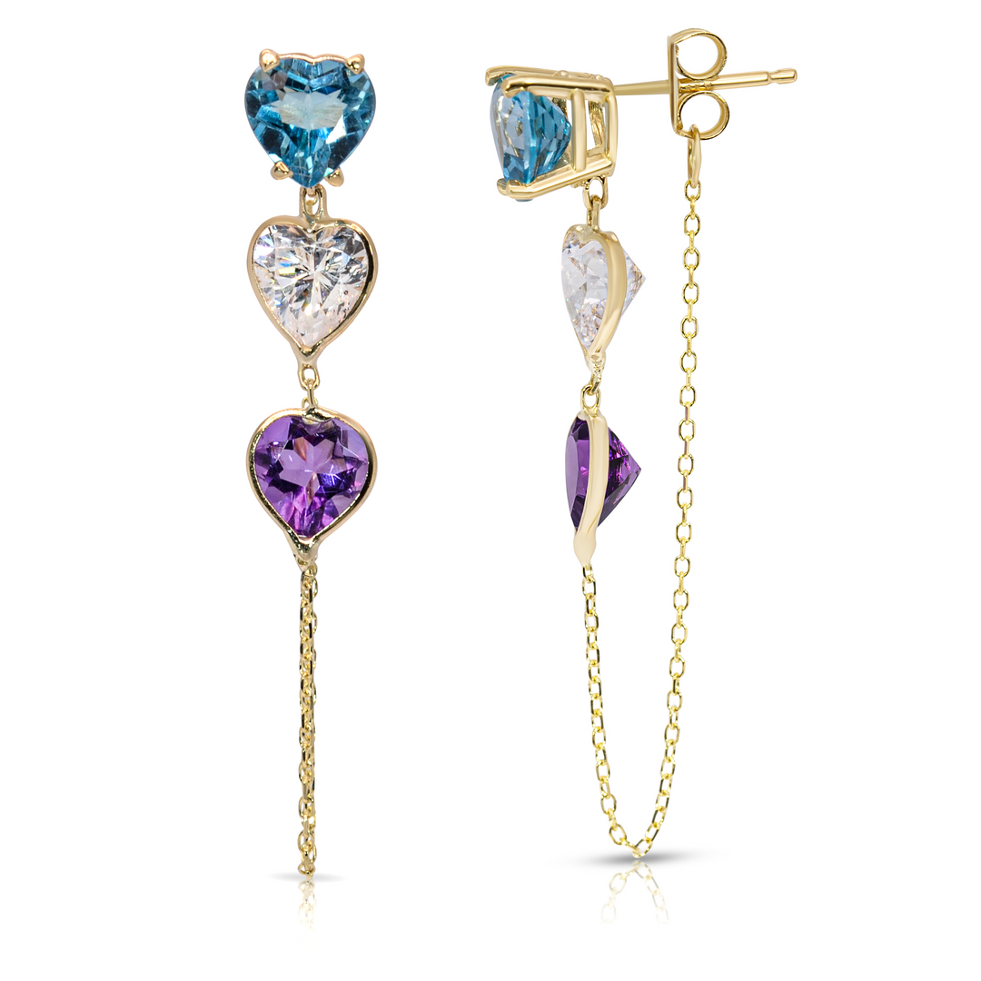 14K Yellow Gold Triple Heart-Shaped Blue Topaz, White And Amethyst Gemstones Chain Studs