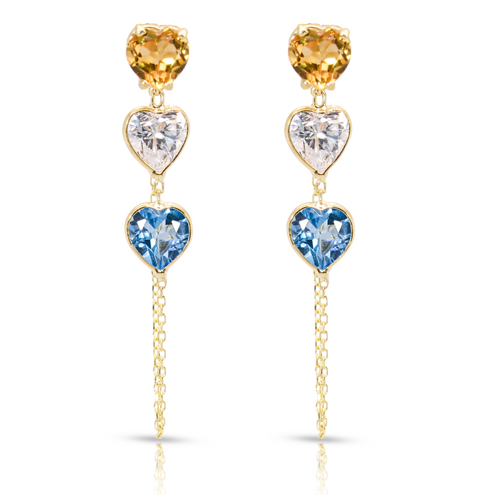 14K Yellow Gold Triple Heart-Shaped Citrine, White And Blue Gemstones Chain Studs