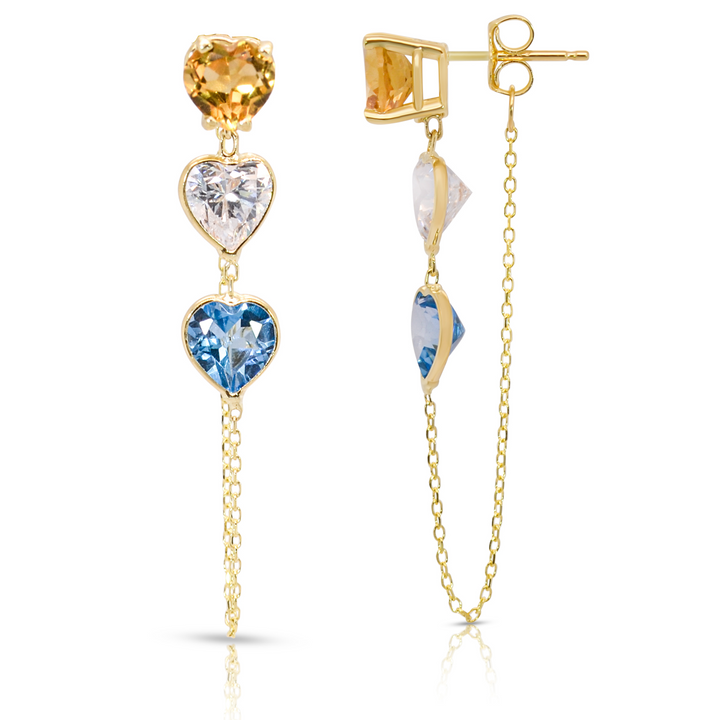 14K Yellow Gold Triple Heart-Shaped Citrine, White And Blue Gemstones Chain Studs