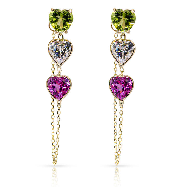 14K Yellow Gold Triple Heart-Shaped Peridot, White And Pink Gemstones Chain Studs Earrings