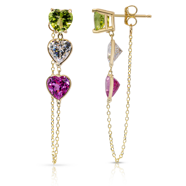 14K Yellow Gold Triple Heart-Shaped Peridot, White And Pink Gemstones Chain Studs Earrings