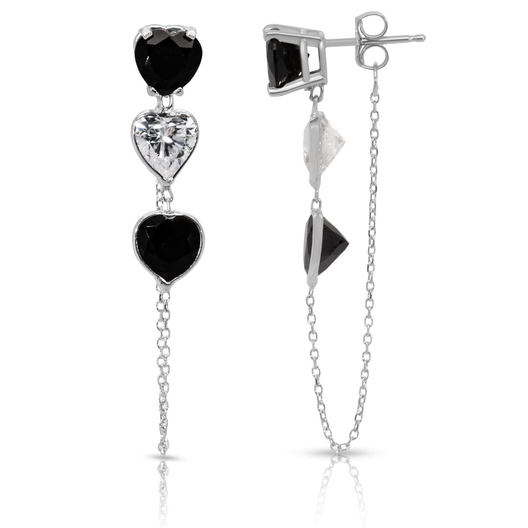 14K White Gold Triple Heart-Shaped Black Onyx And White Gemstones Chain Studs Earrings