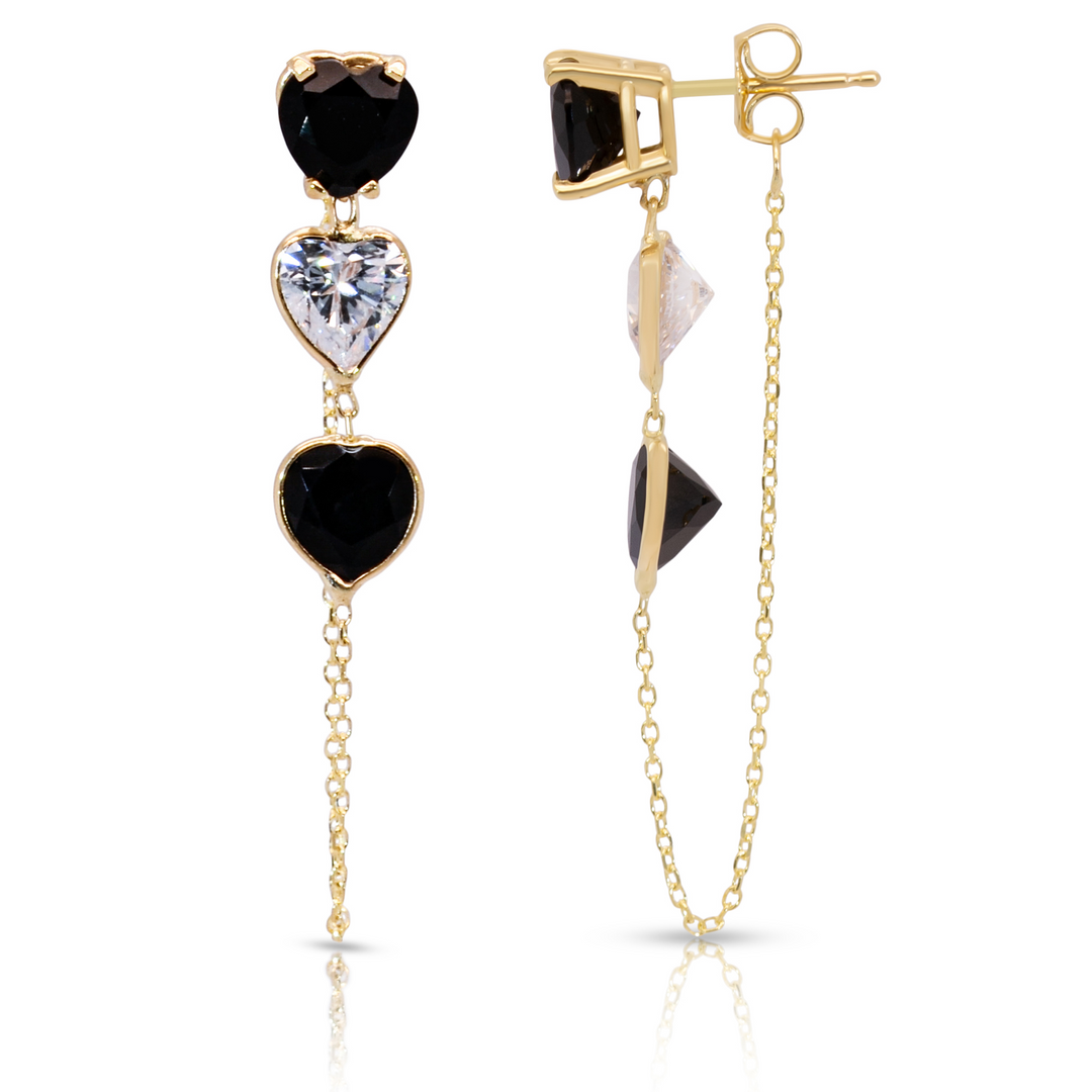 14K Yellow Gold Triple Heart-Shaped Black Onyx And White Gemstones Chain Studs Earrings