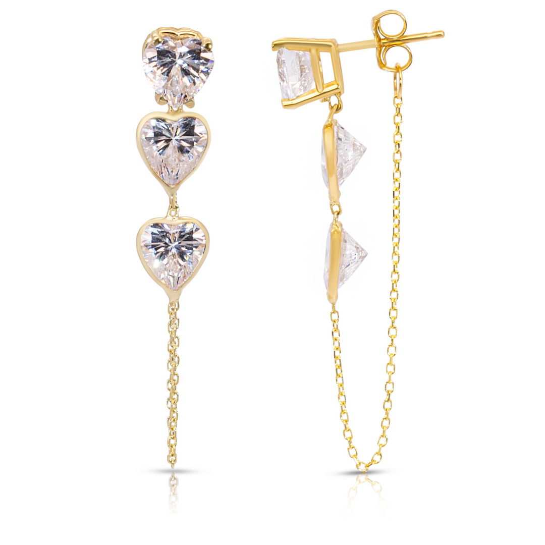 14K Yellow Gold Triple Heart-Shaped White Gemstones Chain Studs Earrings