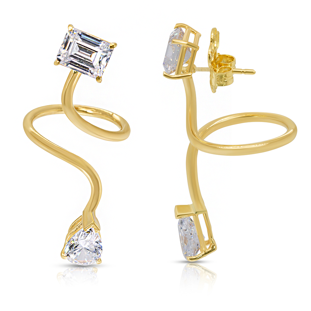 14K Yellow Gold and White Topaz Twisted Double Gemstones Earrings