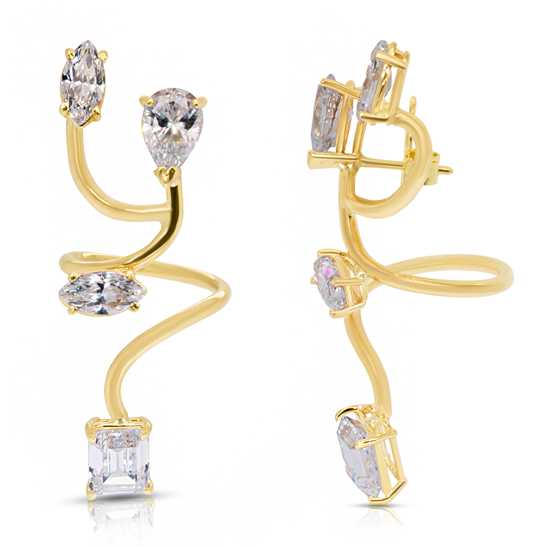 14K Yellow Gold White Topaz Twisted Multiple Gemstones Earrings