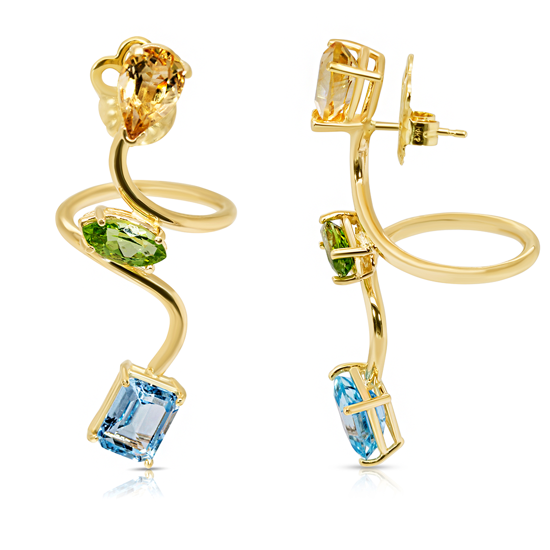 14K Yellow Gold Twisted Multicolor Gemstones Earrings
