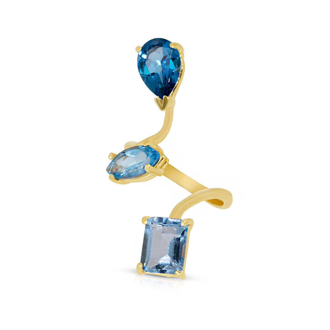 14K Yellow Gold Blue Twisted Triple Gemstones Ring