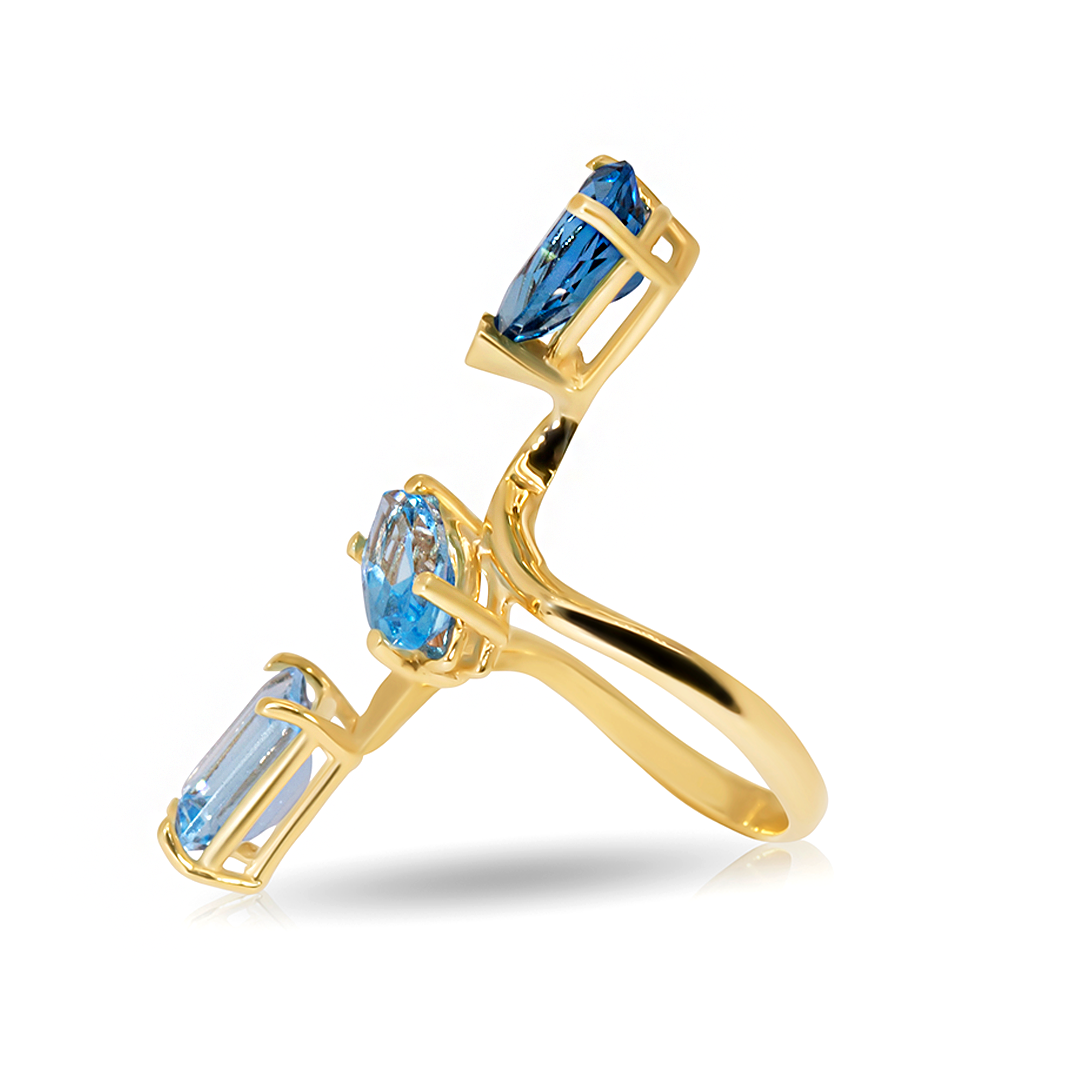 14K Yellow Gold Blue Twisted Triple Gemstones Ring