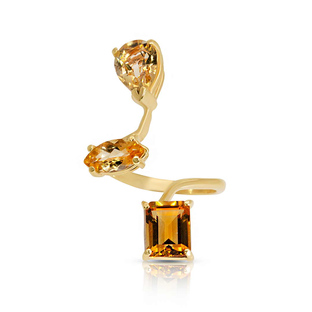 14K Yellow Gold Citrine Twisted Triple Gemstones Ring