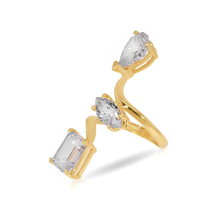 14K Yellow Gold White Twisted Triple Gemstones Ring