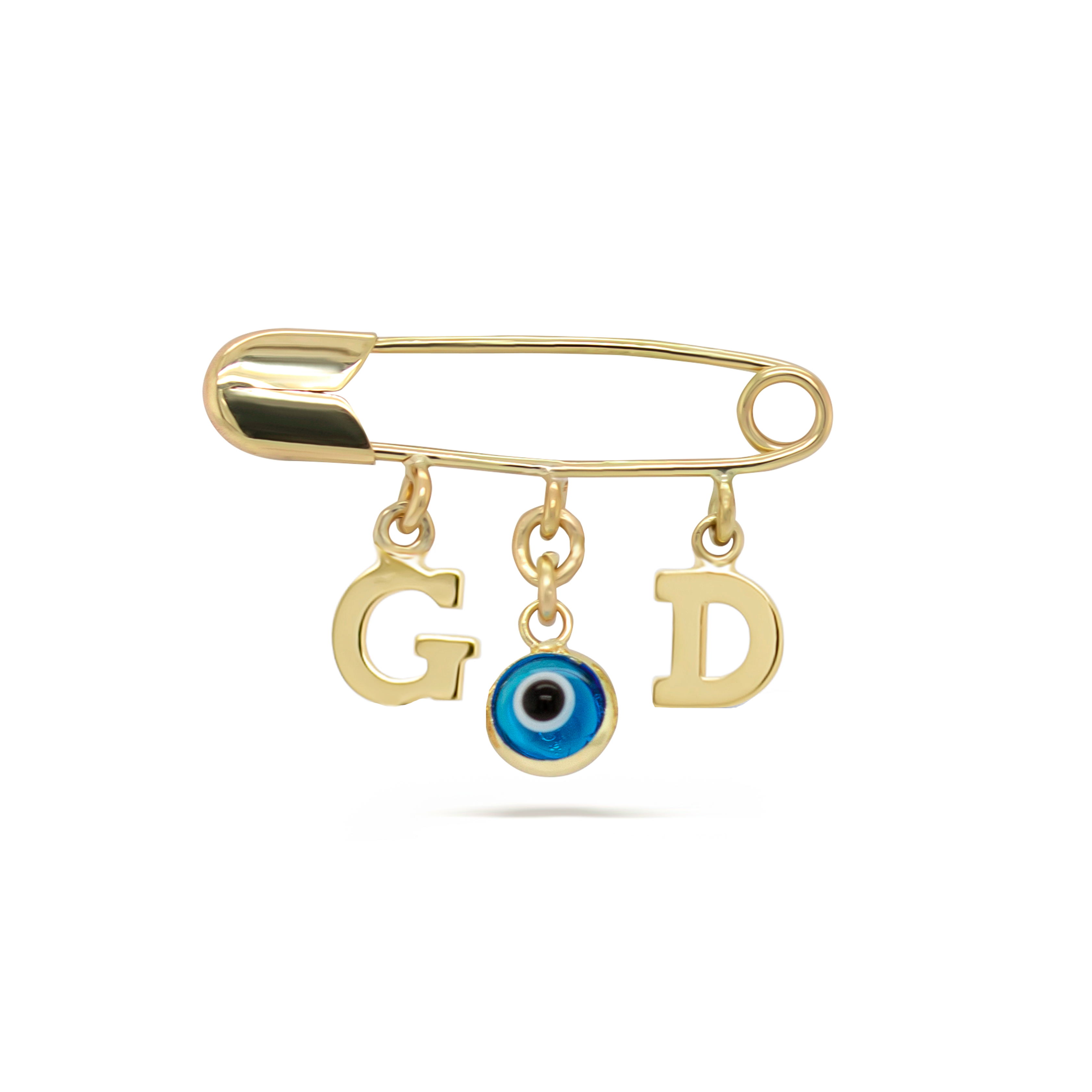 14K Gold Two Initials, Blue Eye Baby Safety Pin