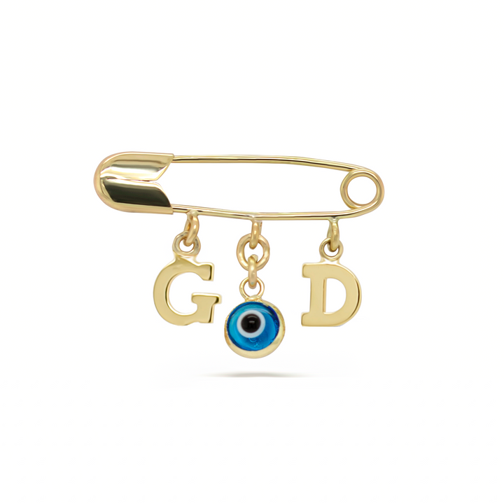 14K Gold Two Initials, Blue Eye Baby Safety Pin