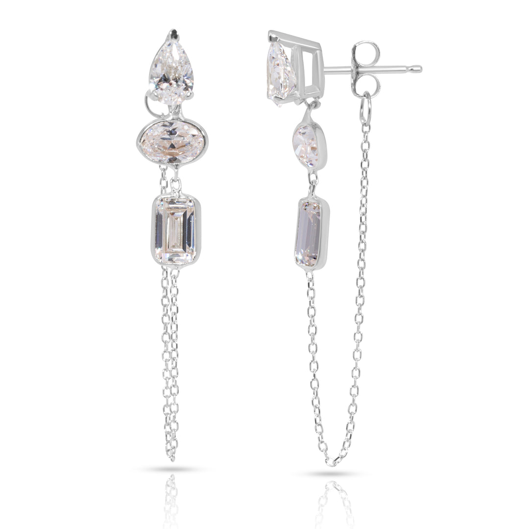 14K White Gold Drop, Oval And Emerald Cut White Gemstones Chain Studs