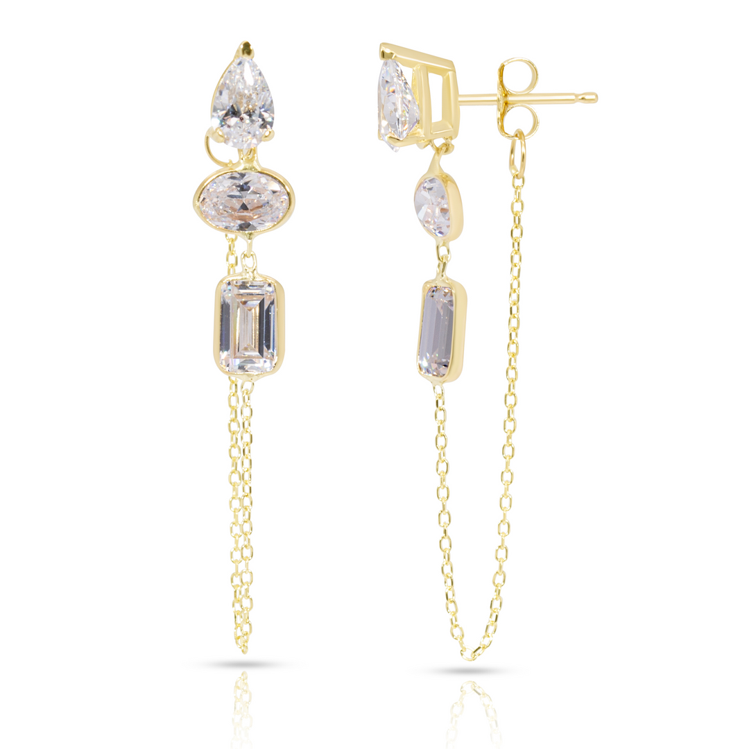 14K Yellow Gold Drop, Oval And Emerald Cut White Gemstones Chain Studs