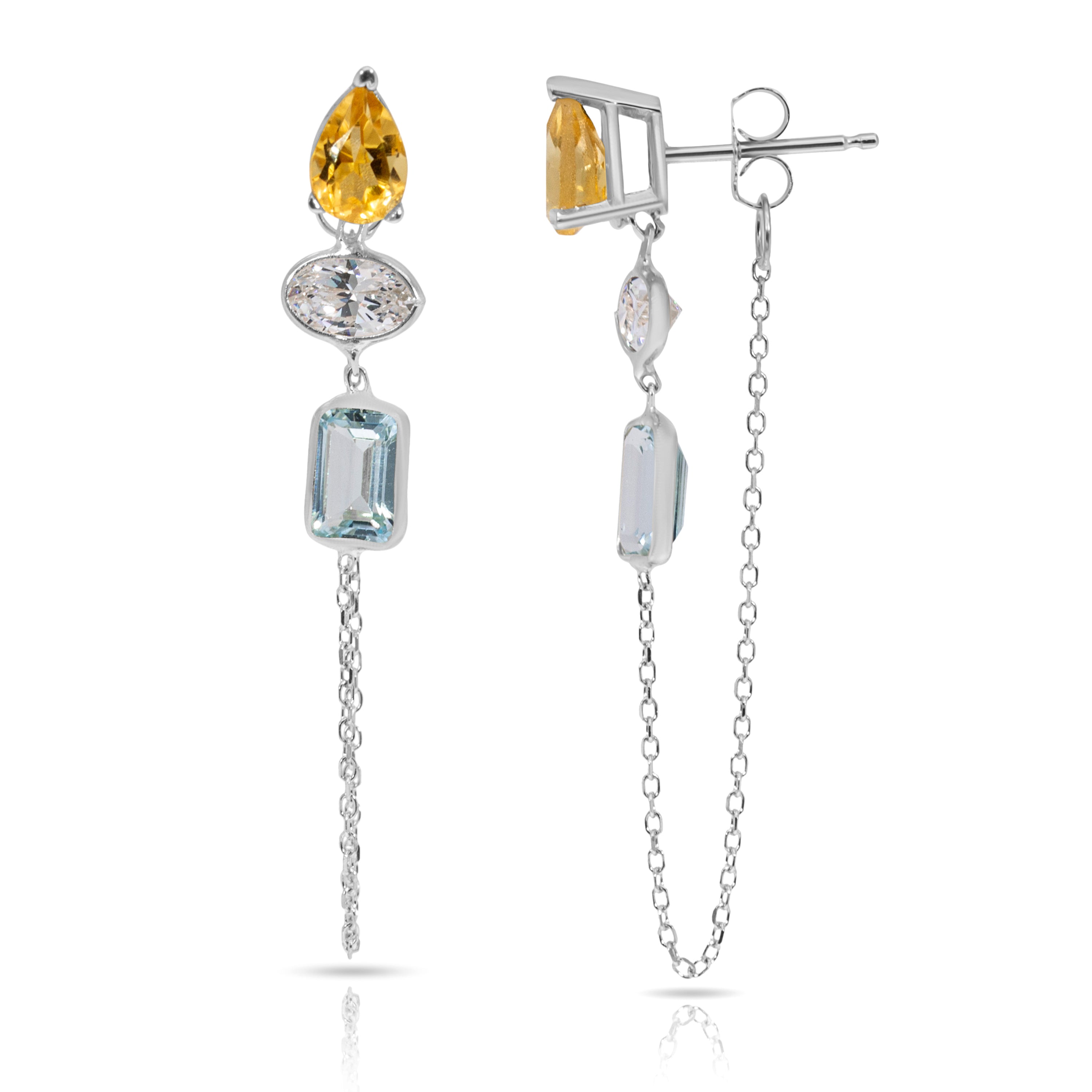 14K White Gold Drop, Oval And Emerald Cut Citrine, White And Blue Topaz Gemstones Chain Studs