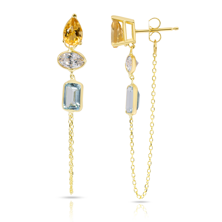 14K Yellow Gold Drop, Oval And Emerald Cut Citrine, White And Blue Topaz Gemstones Chain Studs