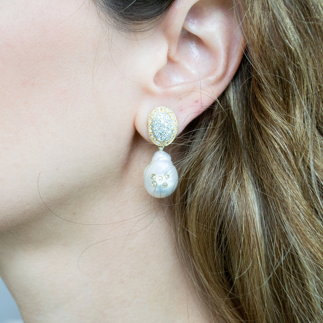 Baroque Pearl with Inlaid Diamonds Pendant Earrings