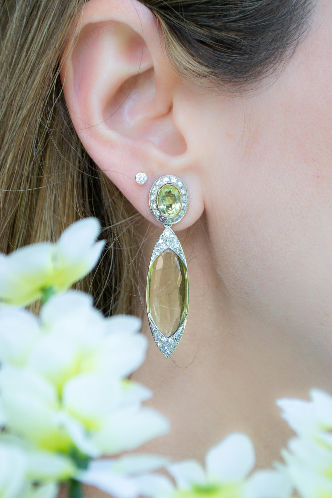 Marquise Shape Stone with Diamonds Pendant Earring