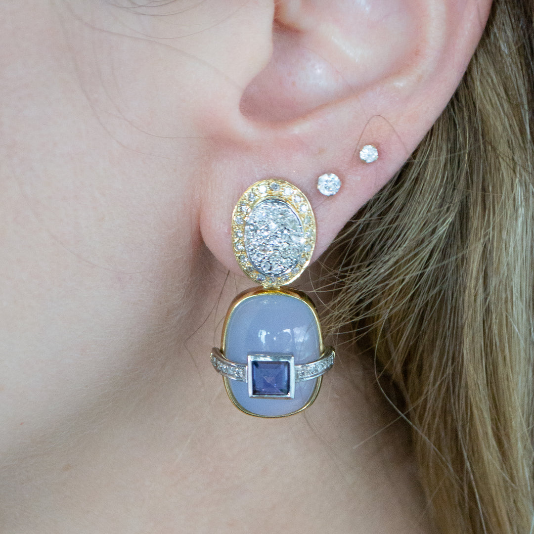 Chalcedony and Iolite Oval Pendant Earrings