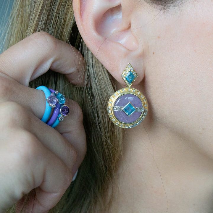 Amethyst and Blue Topaz with Diamonds Round Pendant Earrings