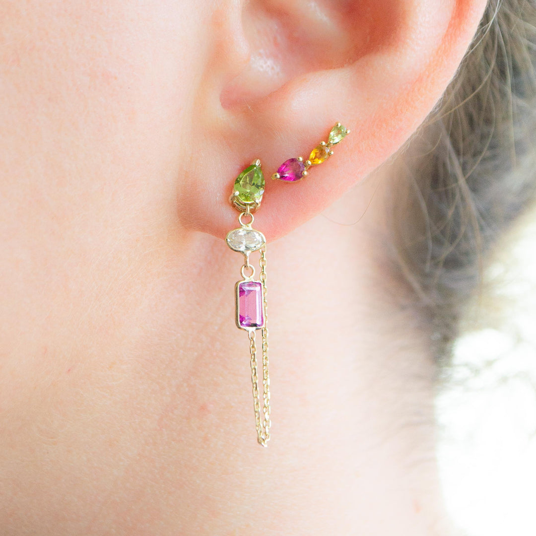 14K Yellow Gold Drop, Oval And Emerald Cut Peridot, White And Pink Gemstones Chain Studs