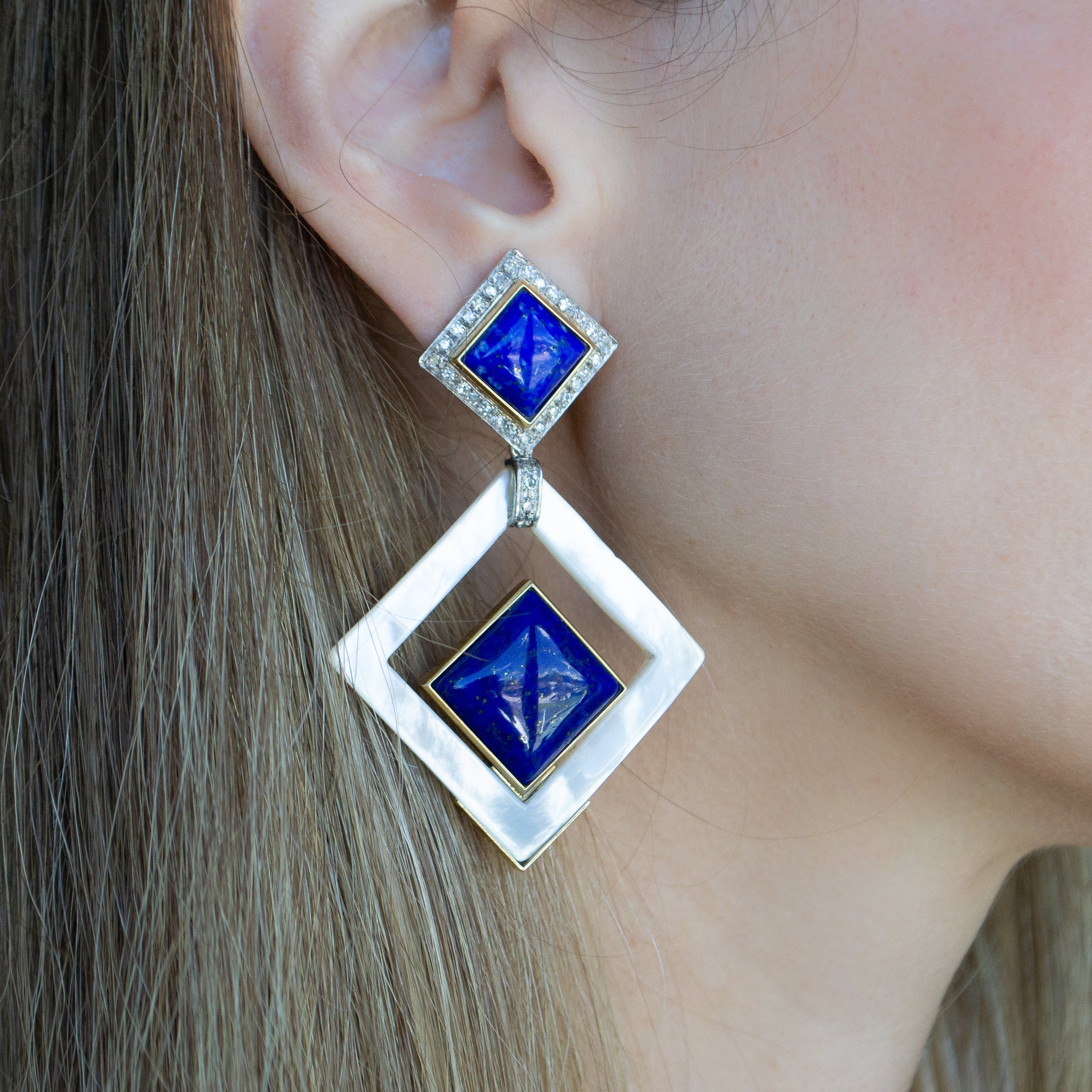 18K Gold Geometric Mother Pearl, Blue Lapis and Diamonds Earring Pendants