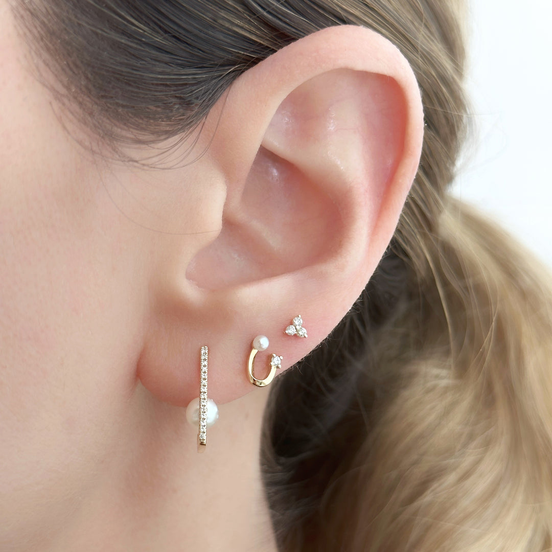Single diamond gold pearl stud earrings
