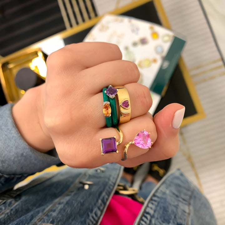 14K Yellow Gold Pink Heart and Amethyst Princess Cut Gemstones Adjustable Ring