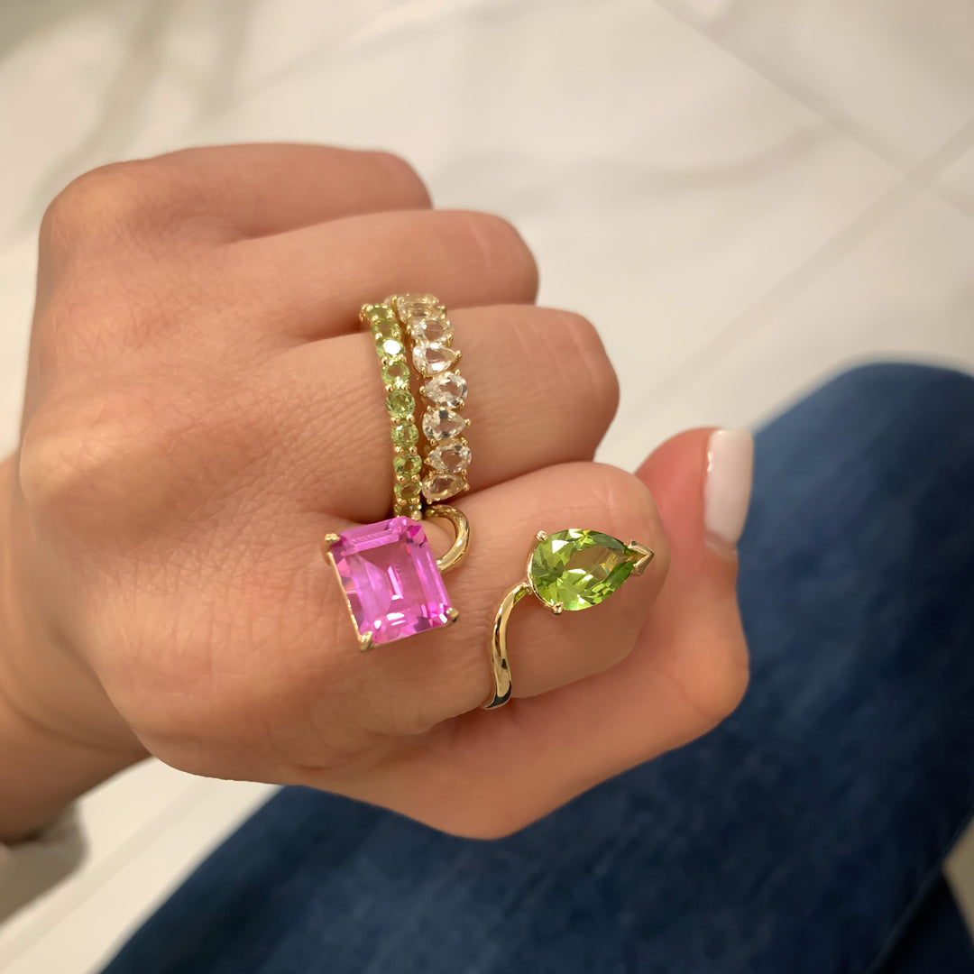 Adjustable Two Points Drop and Emerald cut Gemstones Ring (Peridot, Pink Topaz)
