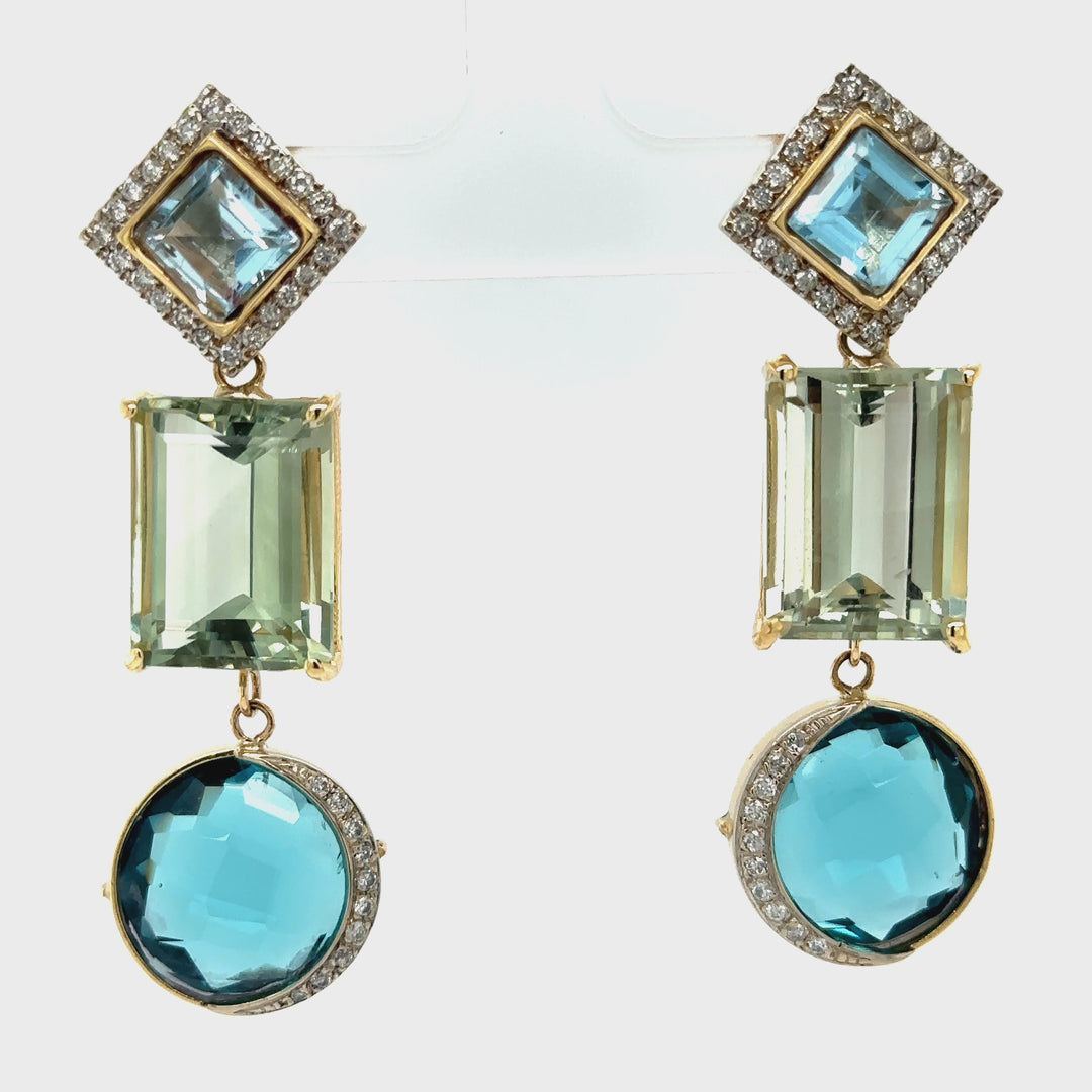 Green Amethyst, London Blue Topaz and Diamonds Earring Pendants