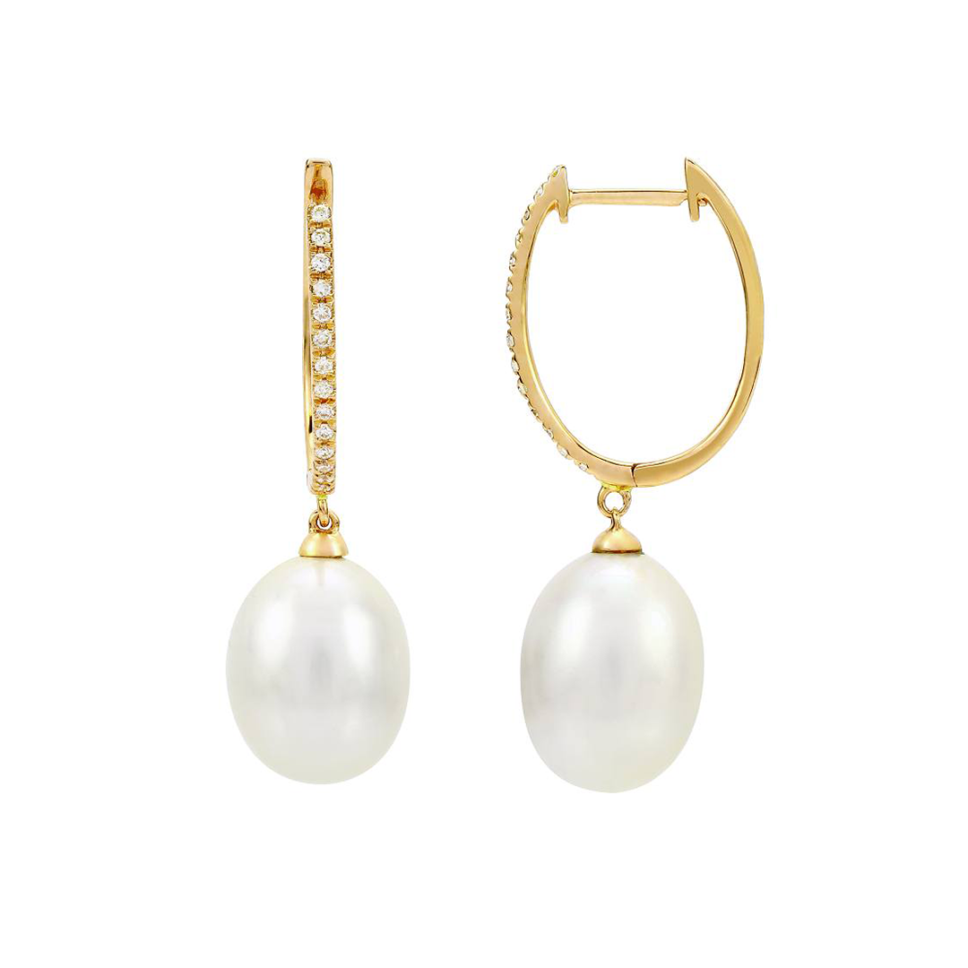 Dangling pearl, diamond and gold hoop earrings