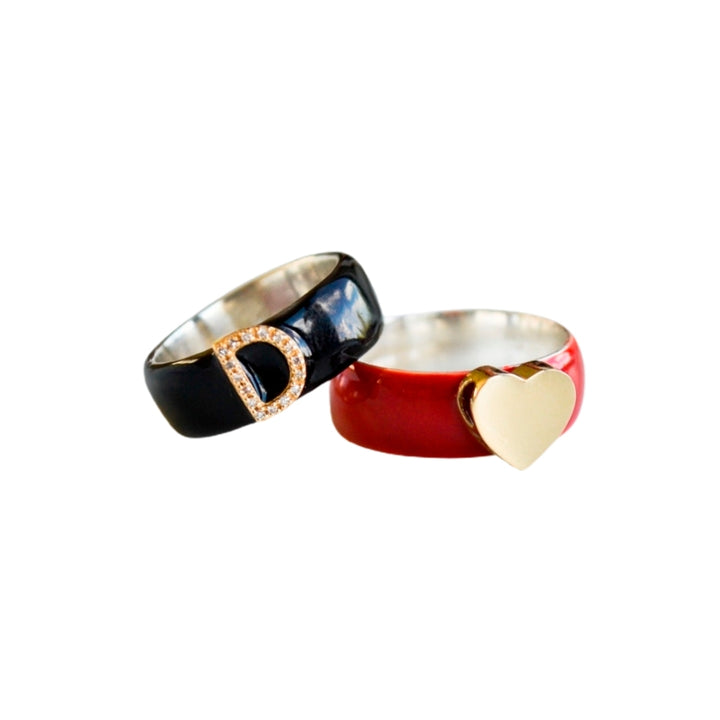 Enamel Gold Diamond Initial Ring (More Colors available)