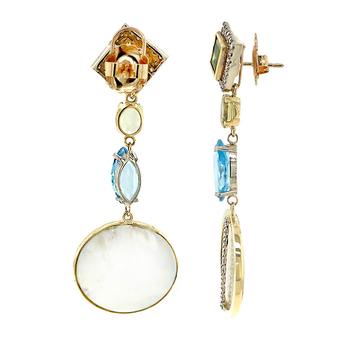 18K Gold Mother Pearl, Lemon Citrine and Blue Topaz Earring Pendants