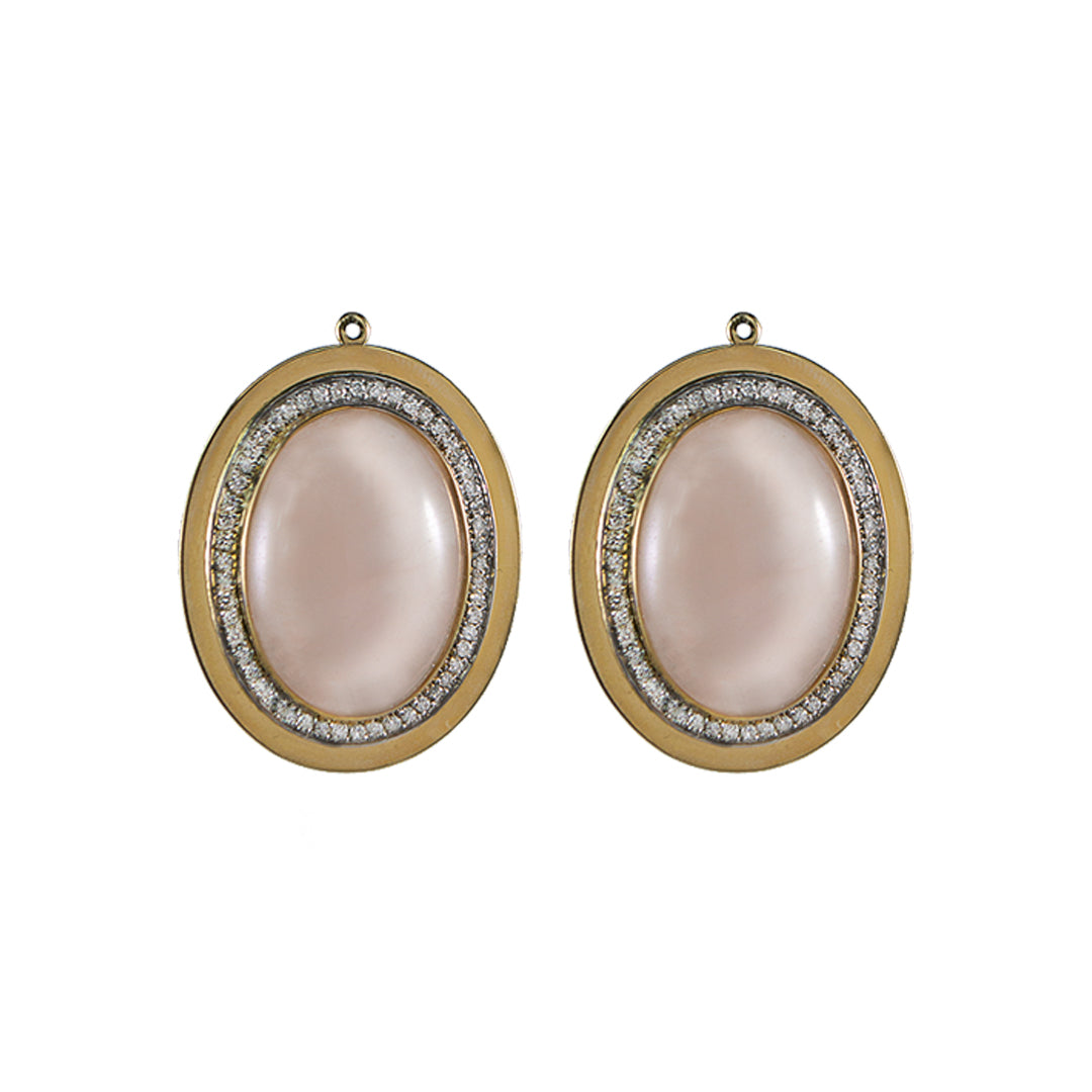 Pink Quartz Oval Cabochon with Diamond Pendant Earrings