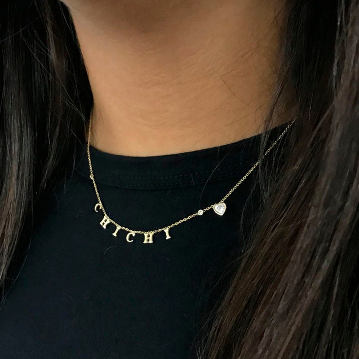 14K Gold 5mm Bold Dangling Name With Diamonds And Heart Necklace